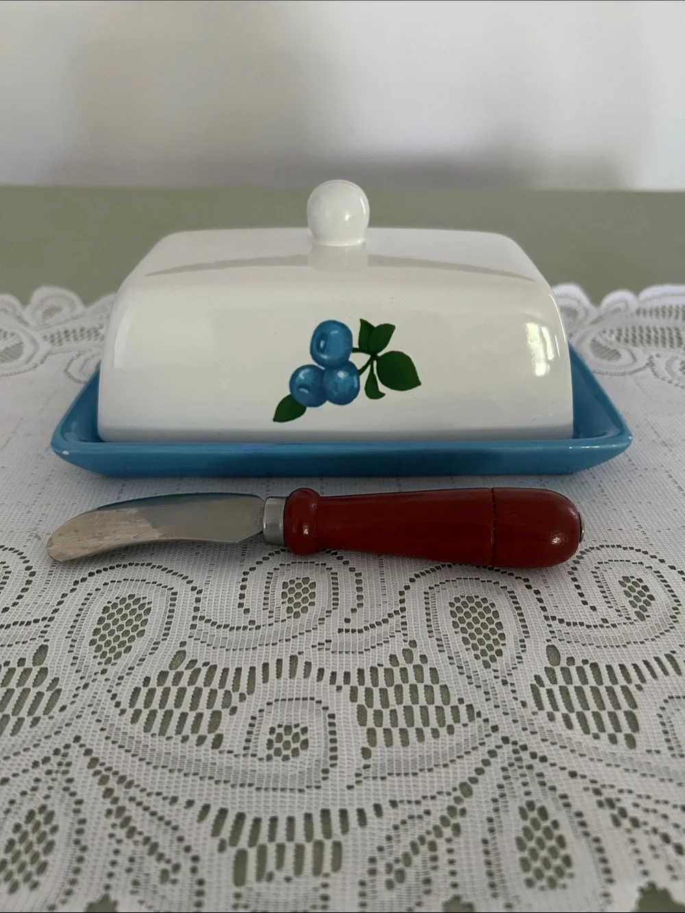 Blueberry Motif Ceramic Butter Dish with Blue Base 8x5 in few call outs - Picture 1 of 11